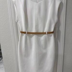 Calvin Klein White Midi Dress with Tan Belt